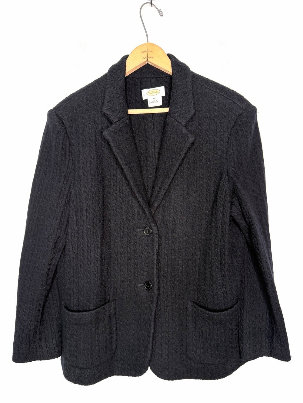 Talbots Black Cable Knit Sweater Blazer Tailored Wool 2 Button Closure Size XL